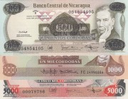 Nicaragua, Total 3 banknotes
1000 Cordobas, 1987, UNC, p145; 5000 Cordobas, 1987, UNC, p146, 100.000 Cordobas on 500 Cordobas, 1987, UNC (-), p149, S...