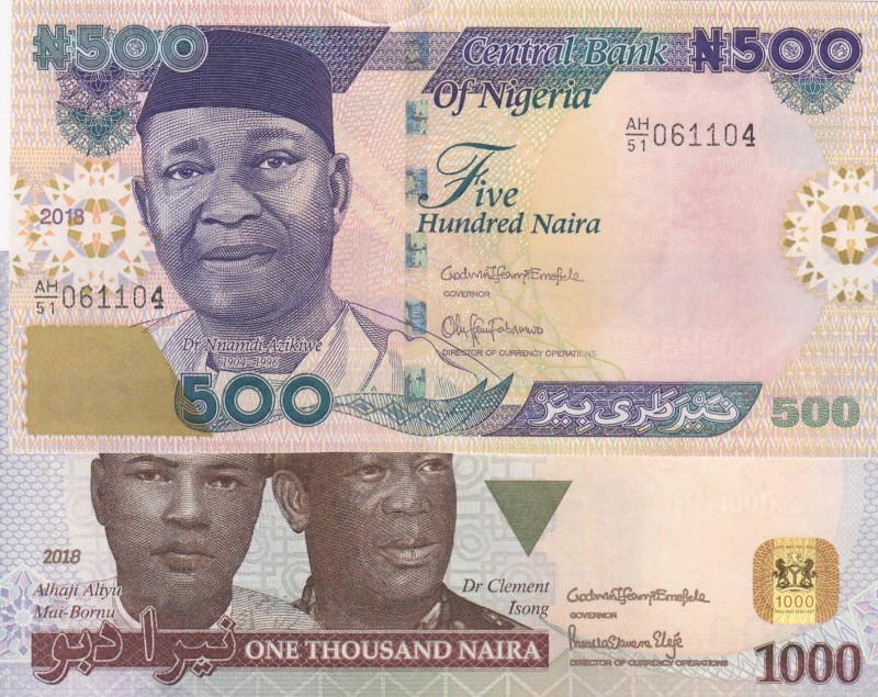 Nigeria, 2018, UNC, Total 2 banknotes
500 Naira, 2018, UNC, pNew; 1.000 Naira, ...