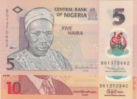Nijerya, UNC, Total 2 banknotes 
5 Naira,2011,p38c; 10 Naira,2016, p39g, Poliymer plastic banknotes, Serial Number: BG1370662,DK137040
Estimate: 10-...