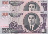 North Korea, 5.000 Won, 2006, UNC, p46, (Total 2 banknotes)
Estimate: 20-40 USD