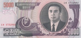 North Korea, 5.000 Won, 2006, UNC, p46c
 Serial Number: L0 1752802
Estimate: 10-20 USD