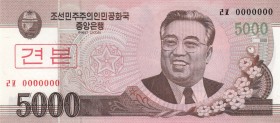 North Korea, 5.000 Won, 2008, UNC, p66a, SPECIMEN
 Serial Number: 0000000
Estimate: 25-50 USD