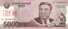 North Korea, 5.000 Won, 2008, UNC, p66s, SPECIMEN
 Serial Number: 0000000
Estimate: 50-100 USD