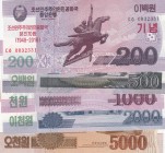 North Korea, 200 Won, 500 Won, 1.000 Won, 2.000 Won and 5.000 Won, 2018, UNC, (Total 5 banknotes)
70th anniversary
Estimate: 15-30 USD