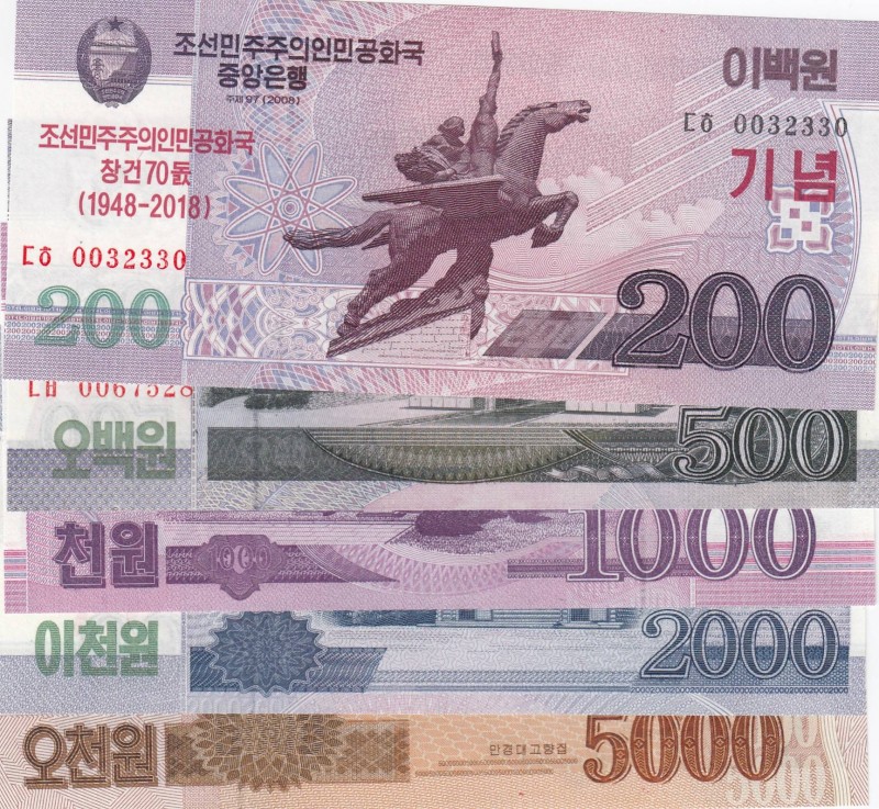 North Korea, Total 5 banknotes
200 Won, 2008, UNC, p62; 500 Won, 2008, UNC, p63...