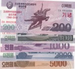 North Korea, Total 5 banknotes
200 Won, 2008, UNC, p62; 500 Won, 2008, UNC, p63; 1.000 Won, 2008, UNC, p64a; 2.000 Won, 2008, UNC, p65a; 5.000 Won, 2...