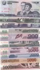 North Korea, SPECIMEN, Total 10 banknotes
5 Won, 2002, UNC, p58s; 10 Won, 2002, UNC, p59s; 50 Won, 2002, UNC, p60s; 100 Won, 2008, UNC, p61s; 200 Won...