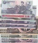 North Korea, Total 8 banknotes
5 Won, 1998, UNC; 5 Won, 1988, UNC; 10 Won, 2002, UNC; 50 Won, 2002, UNC; 50 Won, 2002, UNC; 100 Won, 1992, UNC; 1.000...