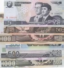 North Korea, Total 6 banknotes
5 Won, 2002, UNC; 50 Won, 1992, UNC; 100 Won, 1992, UNC; 200 Won, 2005, UNC; 500 Won, 2007, UNC(-); 1.000 Won, 2006, U...