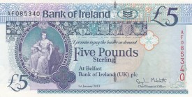 Northern Ireland, 5 Pounds, 2013, UNC, p86a
 Serial Number: AF085340
Estimate: 25-50 USD