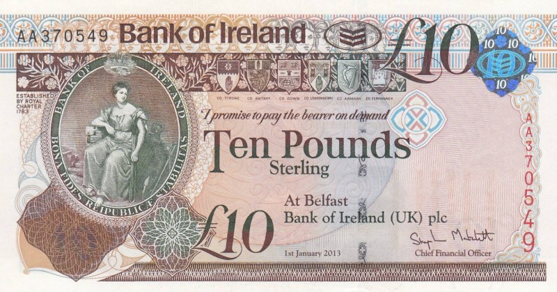 Northern Ireland, 10 Pounds, 2013, UNC (-), p87
 Serial Number: AA370549
Estim...