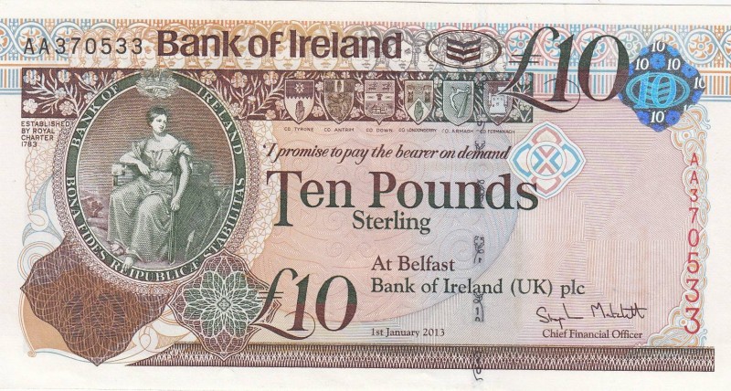 Northen Ireland, 10 Pounds, 2013, UNC (-), p87a
 Serial Number: AA370533
Estim...