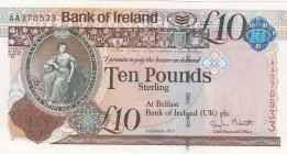 Northen Ireland, 10 Pounds, 2013, UNC (-), p87a
 Serial Number: AA370533
Estimate: 30-60 USD