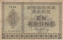 Norway, 1 Krone, 1948, VF, p15b
 Serial Number: L.9540368
Estimate: 25-50 USD