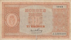 Norway, 10 Kroner, 1949, POOR, p26j
 Serial Number: J.5309300
Estimate: 25-50 USD
