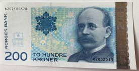Norway, 200 Kroner, 2013, UNC, p50f
 Serial Number: D202100678
Estimate: 30-60 USD