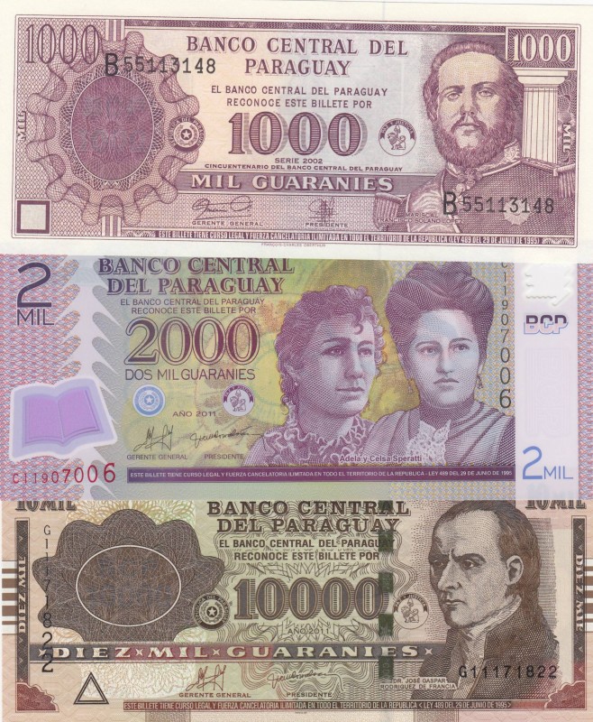 Paraguay, 2003/2011, UNC, Total 3 banknotes
1000 Guaranies, p214b; 2000 Guarani...