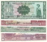 Paraguay, Total 4 banknotes
1 Guarani, 1952, UNC, p193; 10 Guaranies, 1952, UNC, p196; 100 Guaranies, 1963, UNC, p198a; 1.000 Guaranies, 2002, UNC, p...
