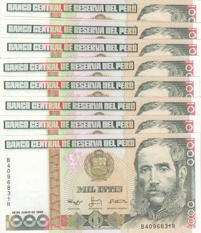 Peru, 1.000 Intis, 1988, UNC, p136b, Total 9 banknotes
(consecutive serial numb...