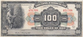 Peru, 100 Soles, 1950, VF, p29Aa
 Serial Number: A3/451708
Estimate: 75-150 USD