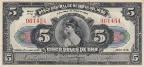 Peru, 5 Soles, 1941, XF, p66A
 Serial Number: d14 961454
Estimate: 10-20 USD