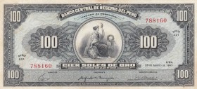 Peru, 100 Soles de Oro, 1965, AUNC, p90a
 Serial Number: 788160
Estimate: 20-40 USD