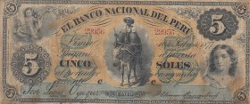 Peru, 5 Soles, 1877, FINE, pS323
 Serial Number: 29956
Estimate: 50-100 USD