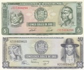 Peru, UNC, Total 2 banknotes
5 Soles de Oro, 1974, UNC, p99c; 50 Soles de Oro, 1977, UNC, p113r 
Estimate: 10-20 USD