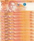 Philippines, 20 Piso, 2014, UNC, p206, (Total 10 banknotes)
Beautiful serial numbered baknotes. Banknotes are serially followed in two groups, Serial...