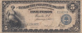Philippines, 5 Pesos, 1933, FINE, p22
 Serial Number: E1525E
Estimate: 20-40 USD