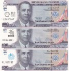 Philippines, Total 3 banknotes
100 Piso, 2013, UNC(-), p219 (100 Years Shell Oil in Philippines commemorative); 100 Piso, 2013, UNC(-), p220 (Nationa...