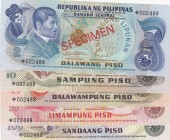 Philippines, 2 Piso, 10 Piso, 20 Piso, 50 Piso and 100 Piso, 1973, UNC, p159a, p161a, p162a, p163a, p164a, (Total 5 banknotes), SPECİMEN
serial numbe...