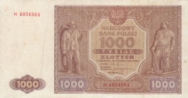 Poland, 1.000 Zlotych, 1946, VF, p122
 Serial Number: M 4034584
Estimate: 30-60 USD