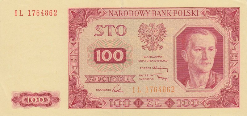 Poland, 100 Zlotych, 1948, AUNC(-), p139a
 Serial Number: IL 1764862
Estimate:...