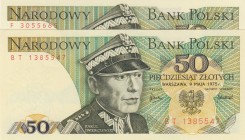 Poland, 50 Zlotych, 1975, UNC, p142a, Total 2 banknotes
 Serial Number: BT 1385547, F 3055665
Estimate: 10-20 USD