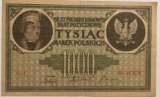 Poland, 1.000 Marek, 1919, VF, p22b
 Serial Number: 1 483570
Estimate: 15-30 USD