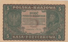 Poland, 5 Marek, 1919, AUNC(-), p24
 Serial Number: AX 822202
Estimate: 15-30 USD