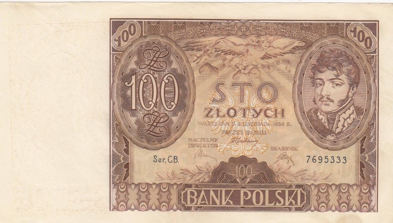 Poland, 100 Zlotych, 1934, XF, p75a
 Serial Number: C.B. 7695333
Estimate: 10-...