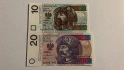 Poland, 10 Zlotych and 20 Zlotych, 2016, UNC, p183, p184, (Total 2 banknotes)
 Serial Number: AU4480014 ve AS9867997 
Estimate: 20-40 USD