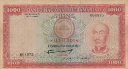Portuguese Guınea, 1000 Escudos, 1964, FINE, p43a
 Serial Number: 64875
Estimate: 75-150 USD
