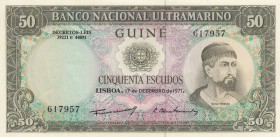 Portuguese Guınea, 50 Escudos, 1971, UNC, p44
 Serial Number: 617957
Estimate: 10-20 USD