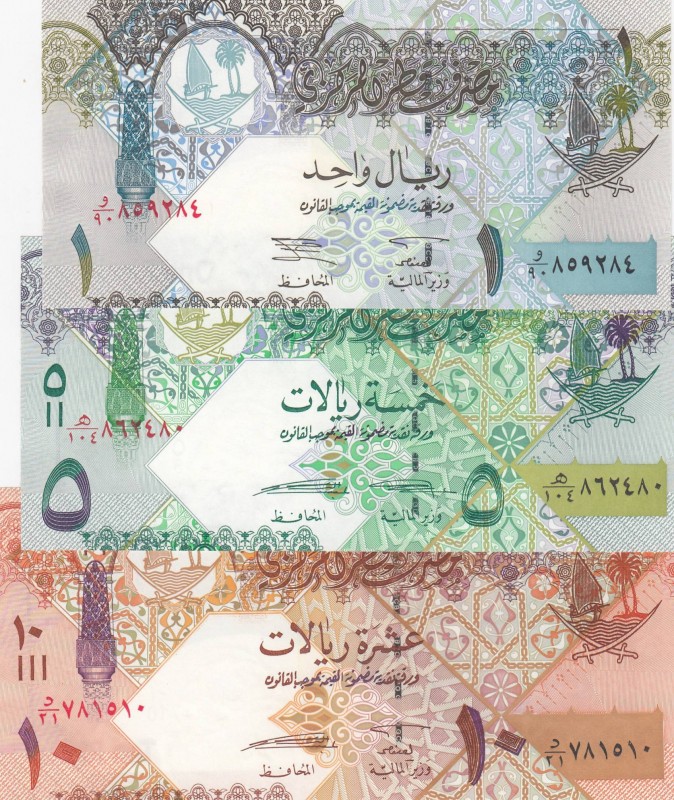 Qatar, Total 3 banknotes
1 Riyal, 2003, UNC, p20; 5 Riyals, 2003, UNC, p21; 10 ...