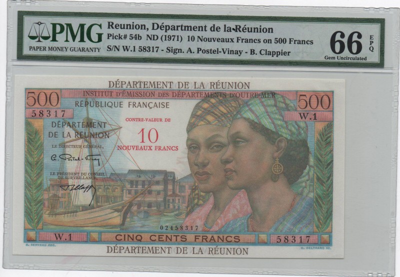 Reunion, 50 Nouveaux Francs or 500 Francs, 1971, UNC, p54b
PMG 66 EPQ, Sign.: A...