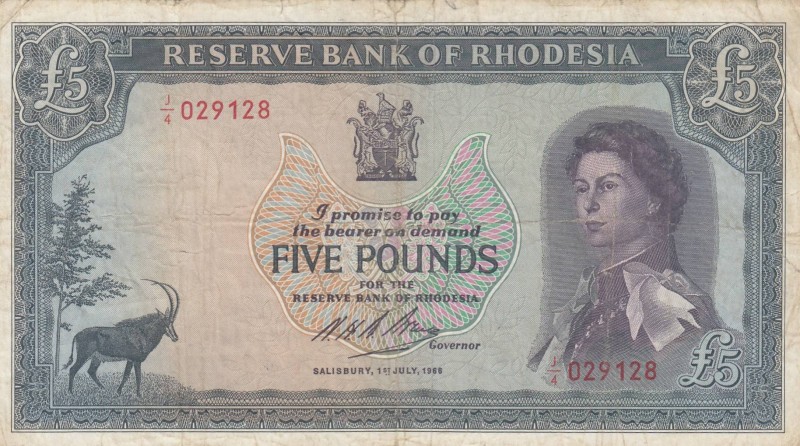 Rhodesia, 5 Pounds, 1966, VF, p29a
Queen Elizabeth II. portrait, Serial Number:...