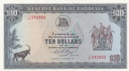 Rhodasia, 10 Dollars, 1975, AUNC, p33i
 Serial Number: J/592802
Estimate: 20-40 USD