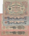 Russia, total 5 banknotes
3 Rubles,1905, VF; 5 Rubles (2),1909, VF; 10 Rubles (2),1909, FINE
Estimate: 15-30 USD