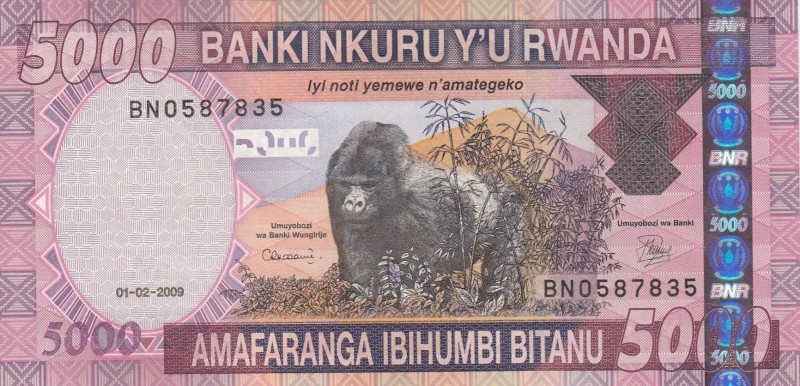 Rwanda, 5000 Francs , 2009, UNC, p33
 Serial Number: BN0587835
Estimate: 20-40...