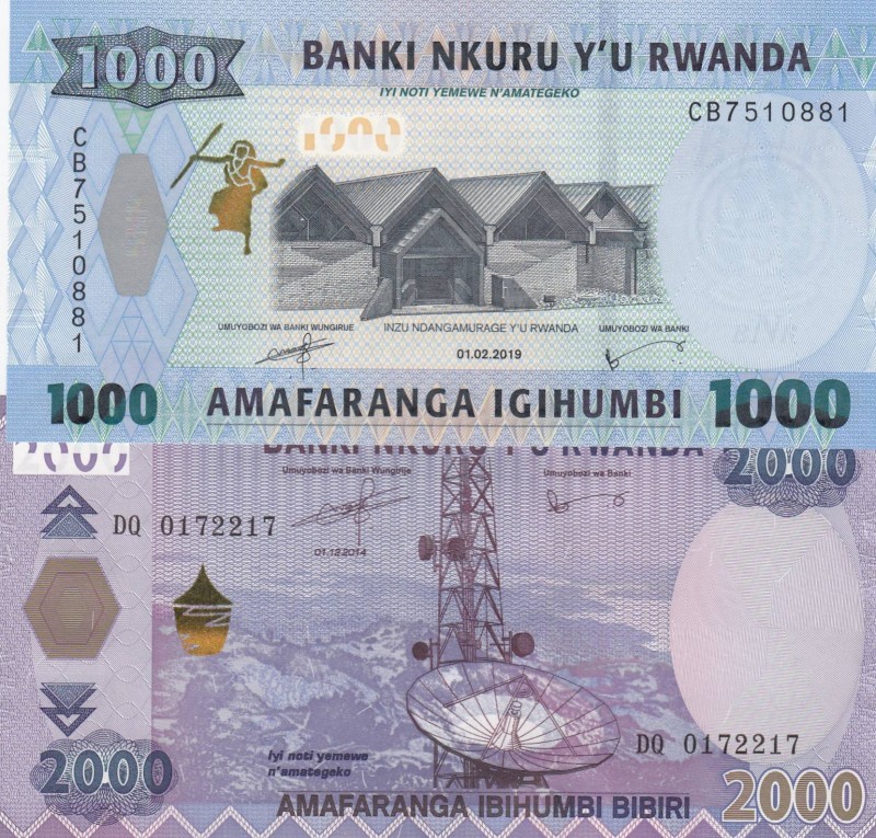 Rwanda, Total 2 banknotes
1000 Francs, 2019, UNC, pNew; 2000 Francs, 2014, UNC,...