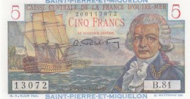 Saint Pierre and Miquelon, 5 Francs, 1950/1960, UNC, p22
 Serial Number: B.81.13072
Estimate: 40-80 USD