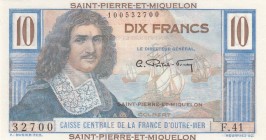 Saint Pierre and Miquelon, 10 Francs, 1950/1960, UNC, p23
 Serial Number: F.41.32700
Estimate: 75-150 USD
